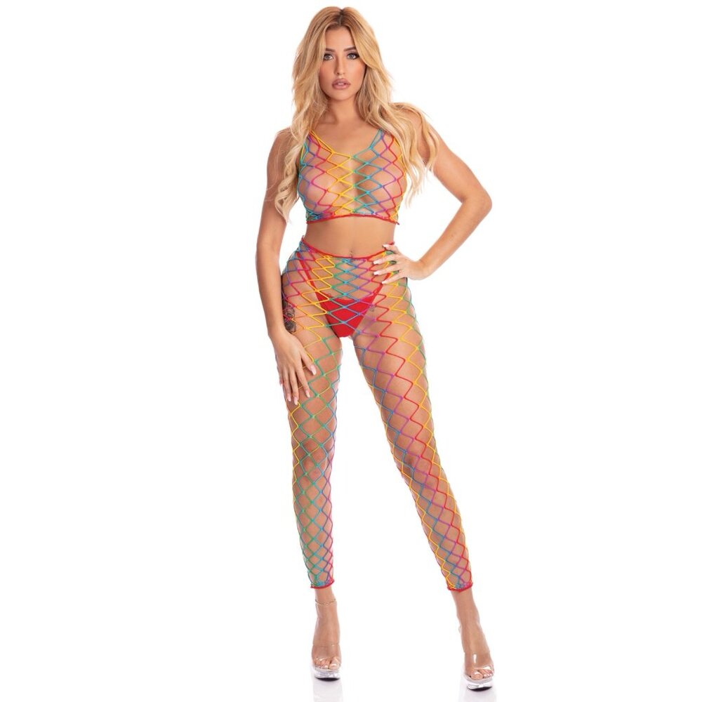 Pink Lipstick Roy G. Biv 2 Pc Bodystocking - One Size - Rainbow
